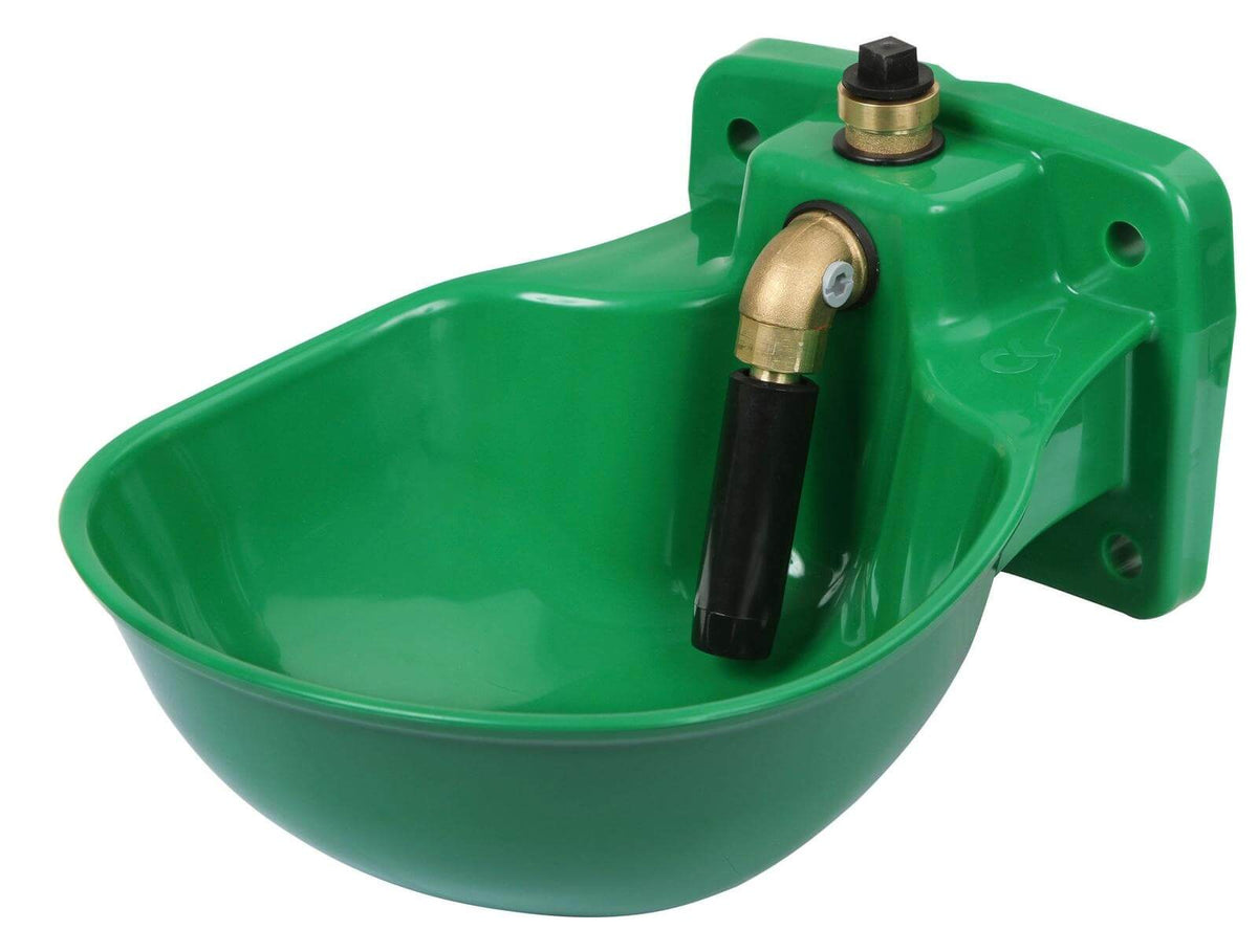 Tränkebecken K75, Grün, Produkt allein mit Rohrventil und Wasseranschluss G3/4 auf weißem Hintergrund.