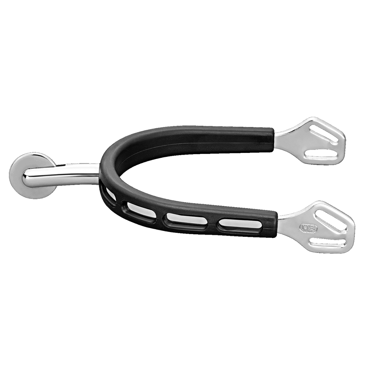 Sporen Ultra Fit Extra Grip 40 mm abgerundet mit großem Ballrad, schwarz, Produkt allein auf schwarzem Hintergrund.