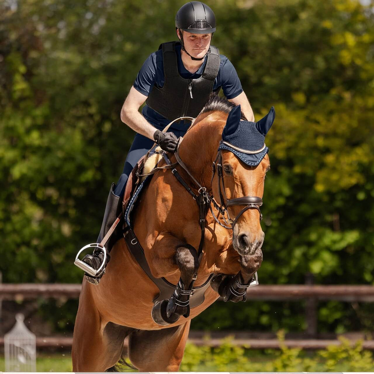 Reithelm Unisex H24 Chrome, schwarz, Reiter auf springendem Pferd im Gelände.