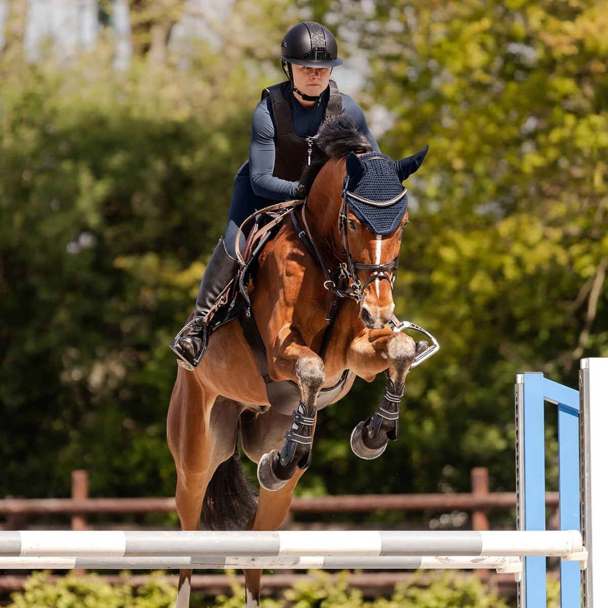 Reithelm Damen H24 Lady Shine, schwarz, Reiterin auf springendem Pferd im Parcours.