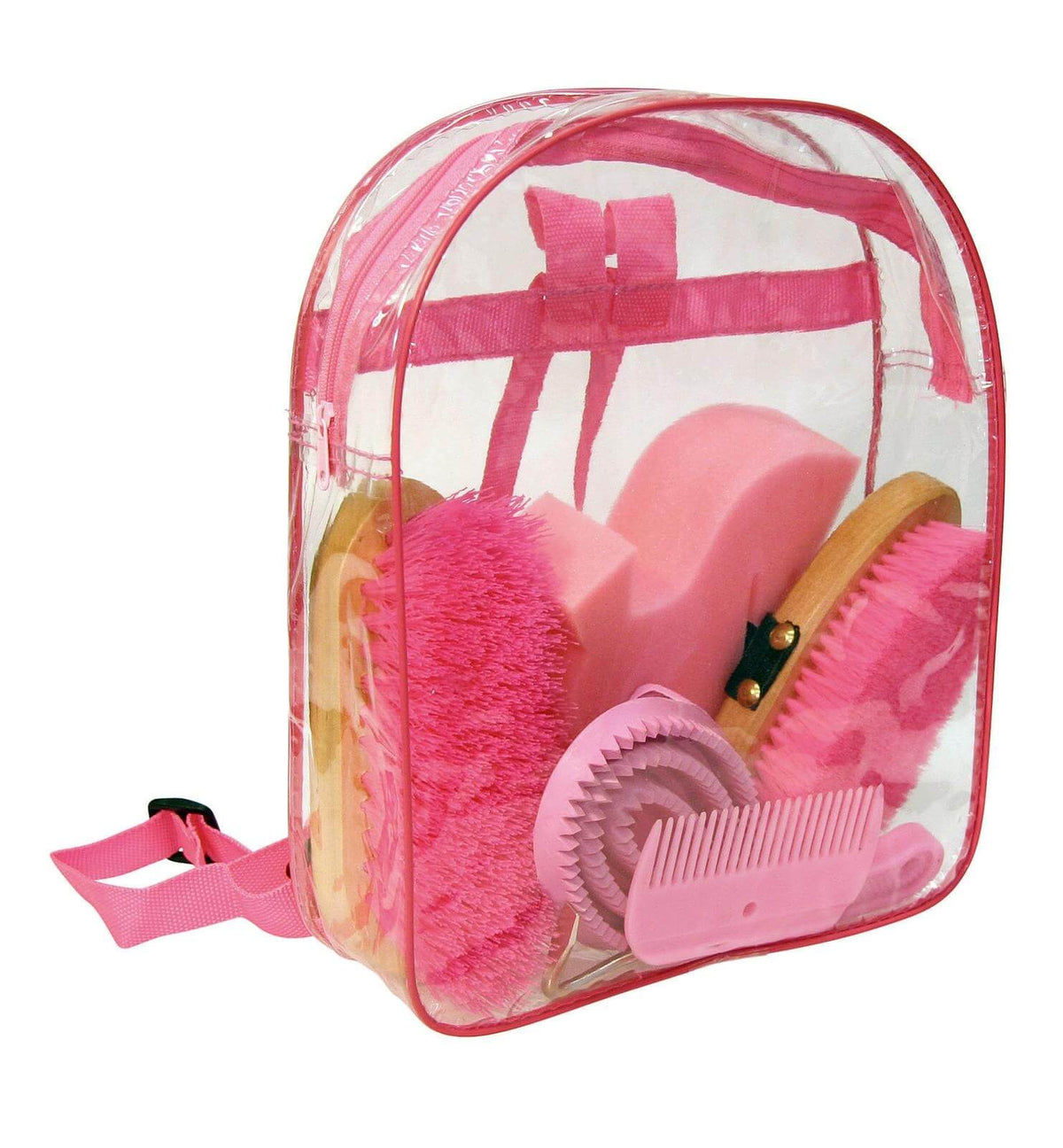 KERBL Putz-Rucksack Putztasche, Pink, Produkt allein mit Pflegeutensilien auf weißem Hintergrund.