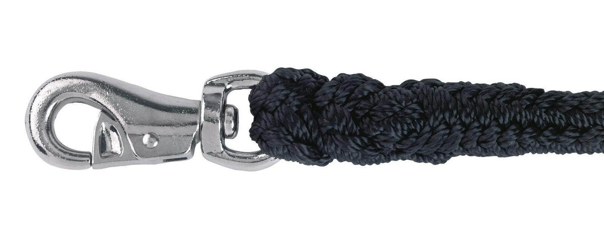 Covalliero Führstrick Bull-Snap, Schwarz, Detailaufnahme des Karabiners und Seils auf weißem Hintergrund.
