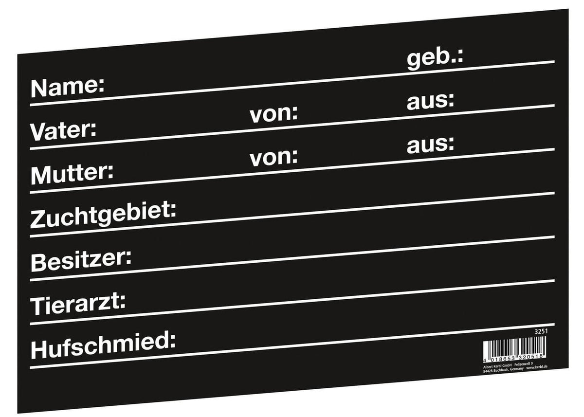 KERBL Stalltafel, schwarz, Beschriftungstafel mit Feldern für Name, Vater, Mutter und Besitzer.