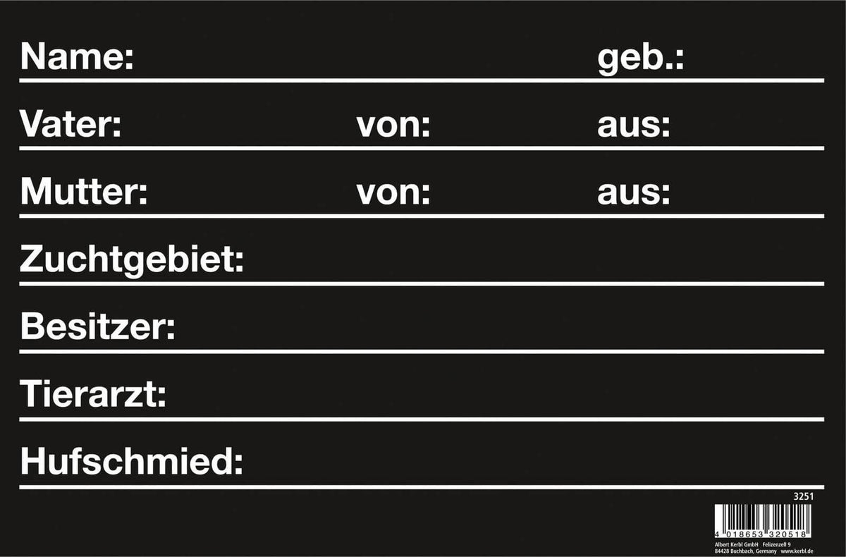KERBL Stalltafel, Schwarz, beschriftete Stalltafel mit Feldern für Name, Vater, Mutter und Besitzer.