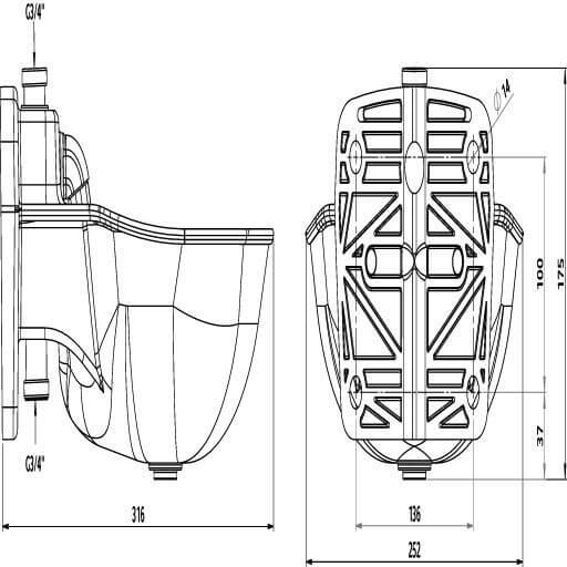 KERBL Tränkebecken K75, Detailaufnahme der technischen Zeichnung des Produkts.