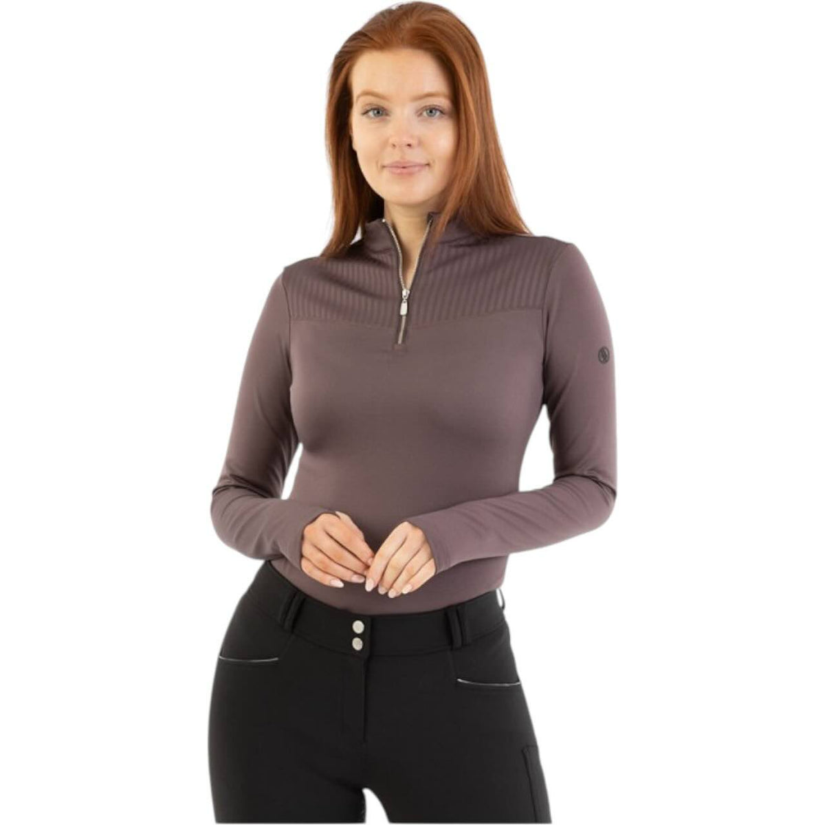 Baselayer Damen Half-Zip Jara HW 2025 Langarmshirt, Raisin Brown, Person trägt das Produkt.
