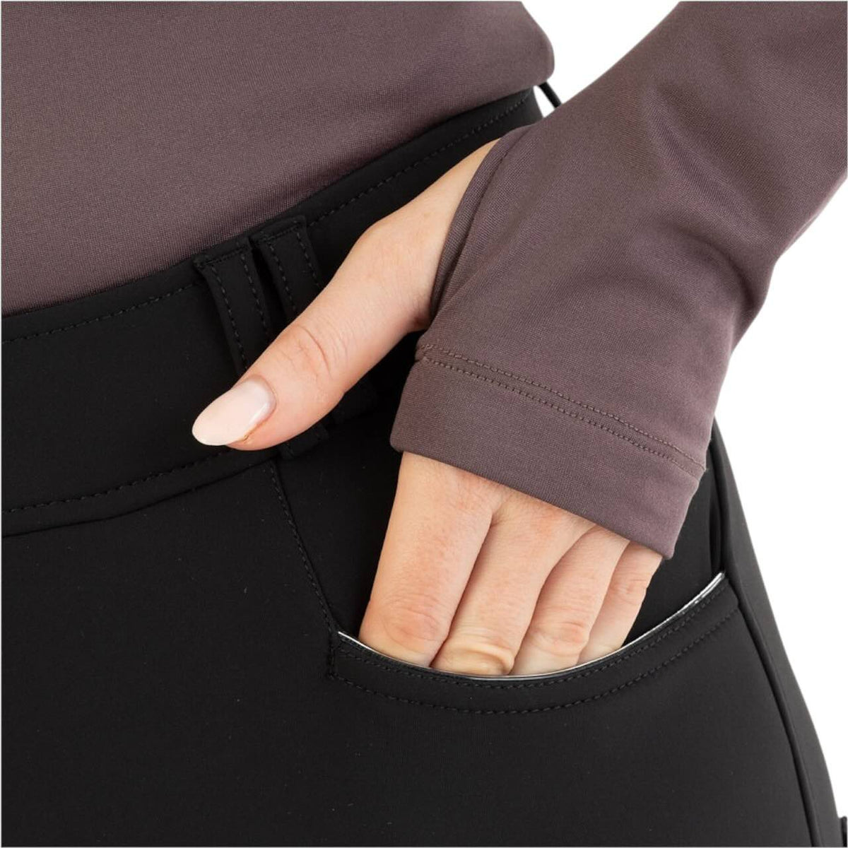 Baselayer Damen Half-Zip Jara HW 2025 Langarmshirt, Braun, Detailaufnahme der Ärmel und Tasche am Körper.