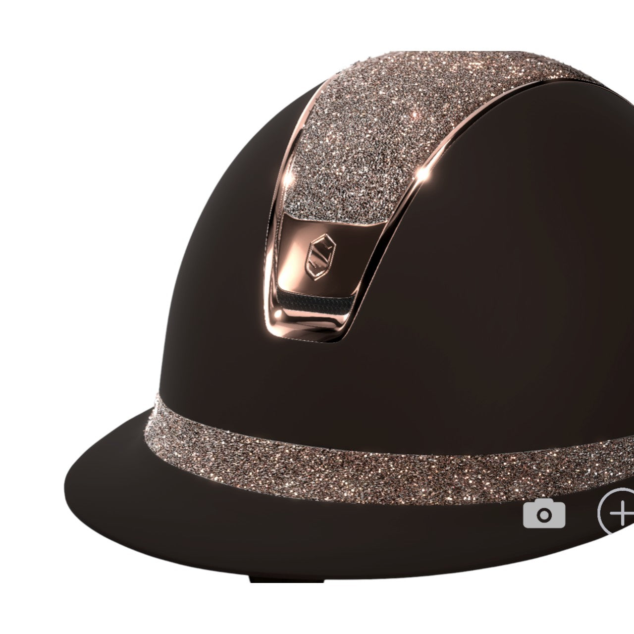 Reithelm Miss Shield 2.0 Crystal Fabric Swarovski Rosegold/ Pink Gold, Brown, Detailaufnahme des Helms.