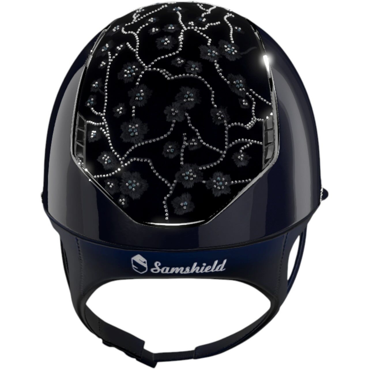 Reithelm Miss Shield 2.0 Glossy Blue Top + FB Cherry Blossom Navy Trim + Blason Black Chrome Konfiguration