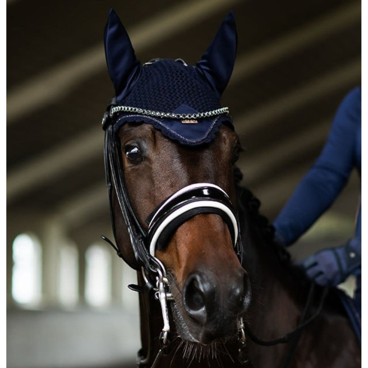 Equestrian Stockholm Fliegenhaube Lagoon Blush Fliegenmütze, Lagoon Blush, Pferd trägt Fliegenhaube im Stall.