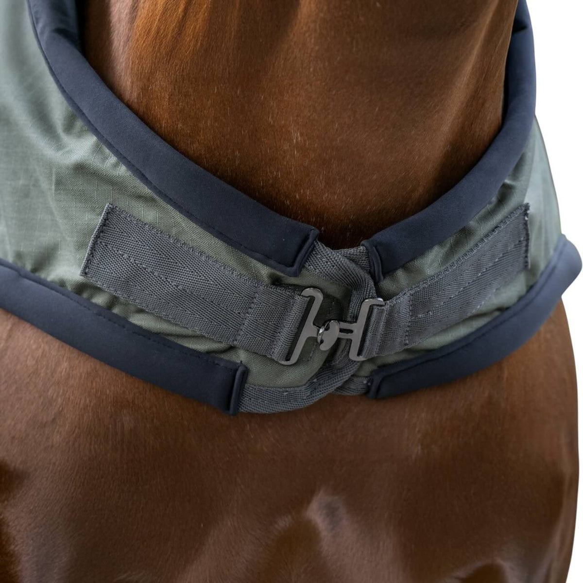 Busse Führanlagendecke Rain 50g Decke, Graublau, Detailaufnahme am Pferd.