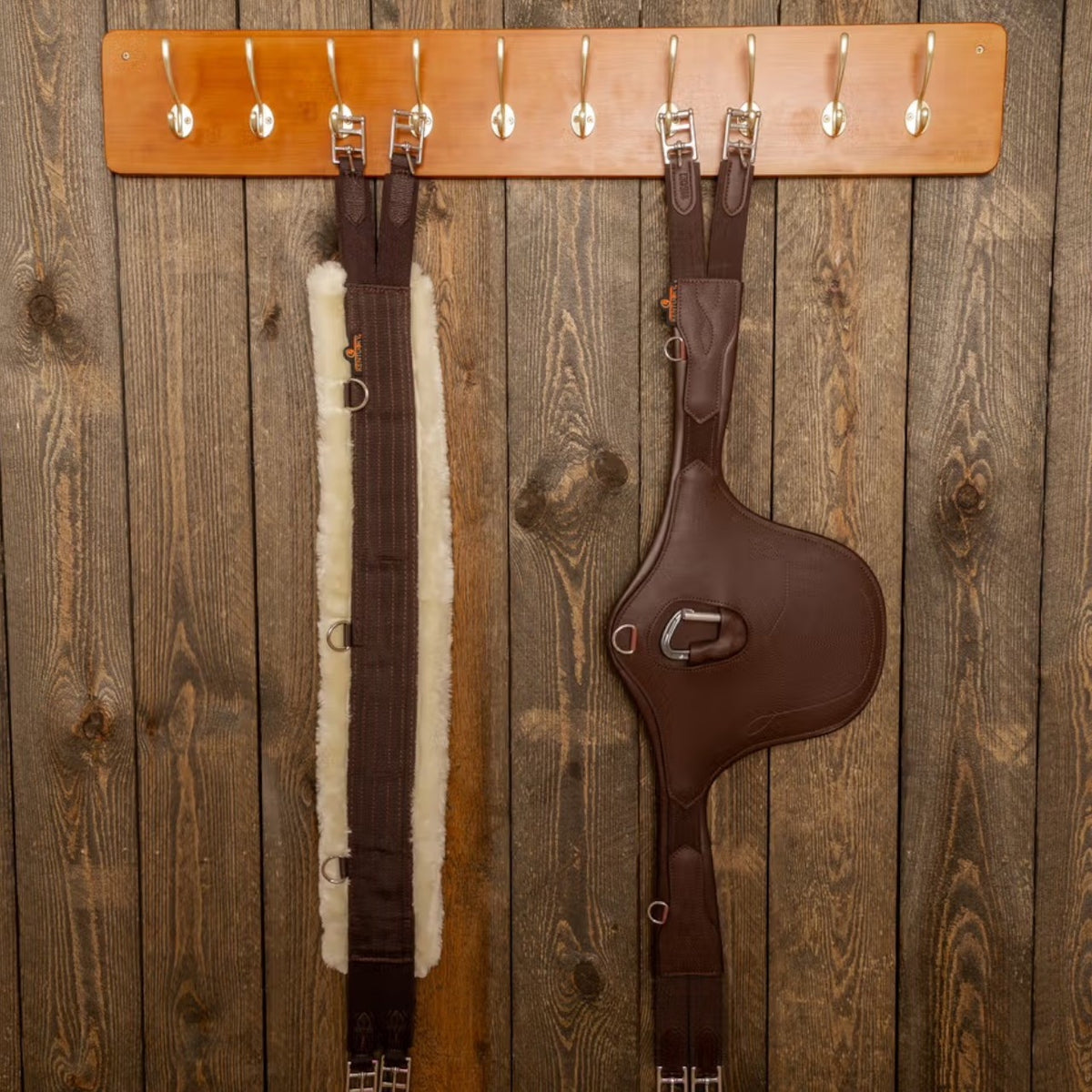Kentucky Garderobe mit 10 Haken Kleiderhaken, braun, mit Reitutensilien an der Wand.
