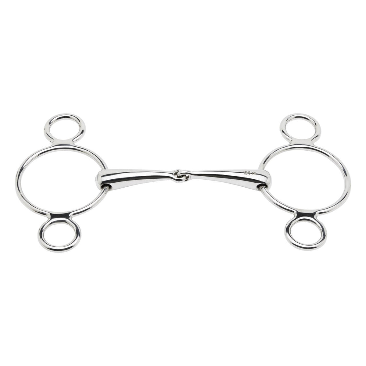 3 Ring Trense Einfach Gebrochen 16 mm Gebiss, Detailaufnahme auf weißem Hintergrund.
