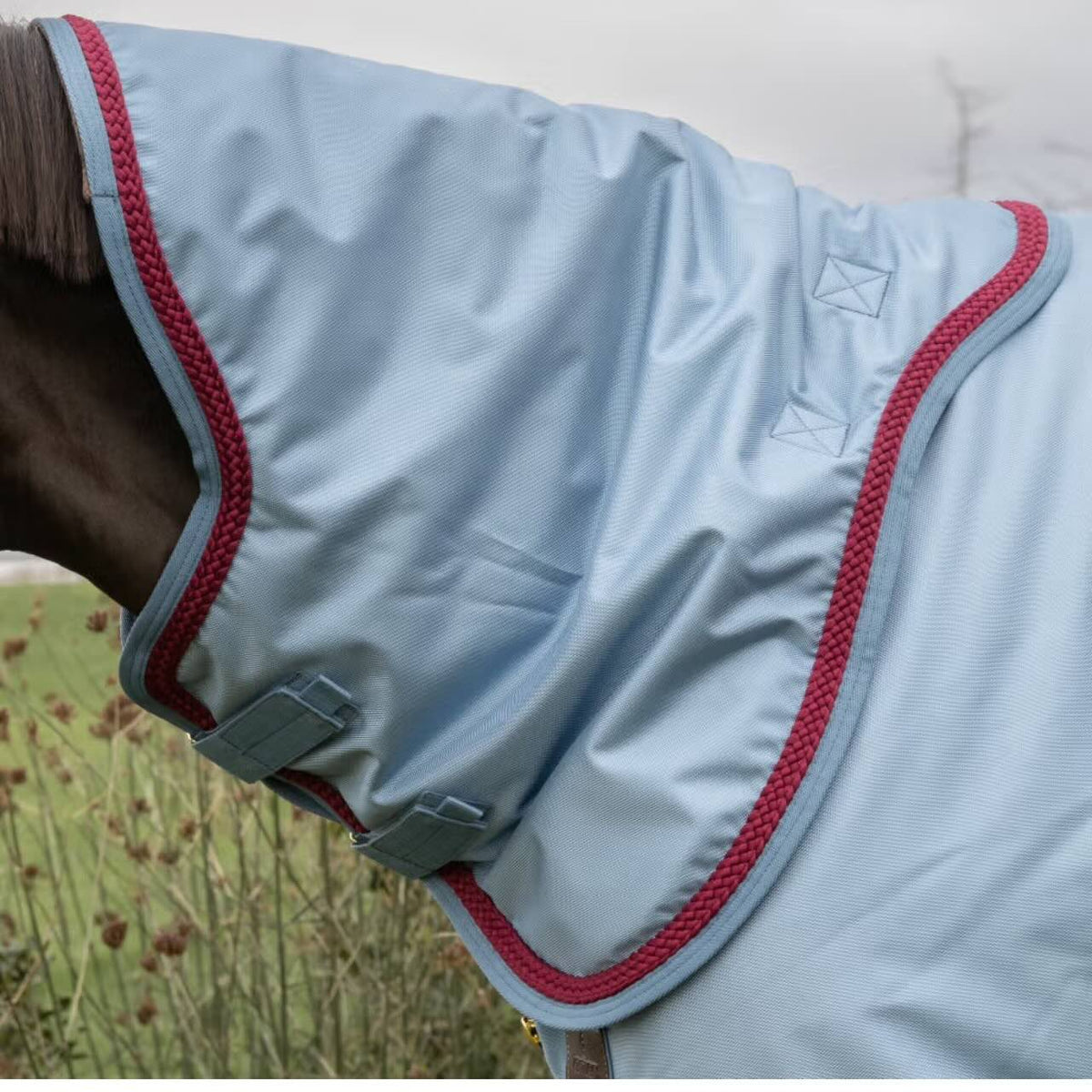 Kentucky Halsteil All Weather Pro Denim Cord, Hellblau, am Pferd getragen.