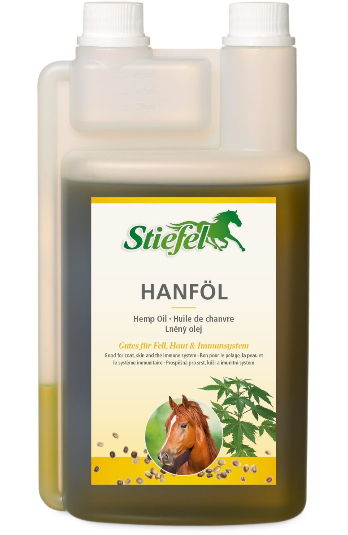 Stiefel Hanföl Ergänzungsfuttermittel für Pferde, Produkt allein auf weißem Hintergrund.