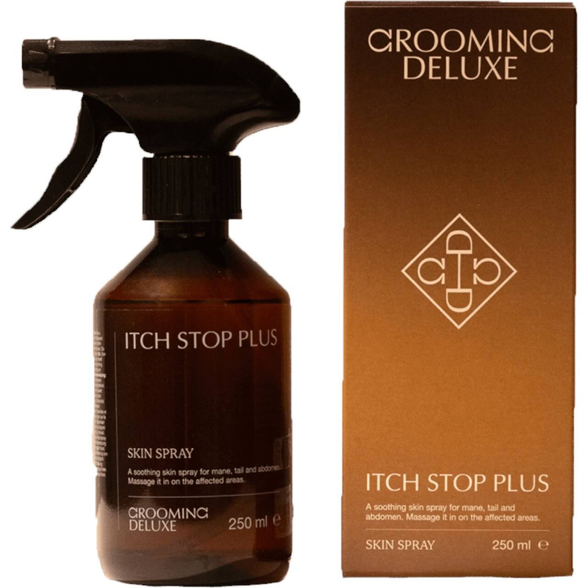 Grooming Deluxe Hautspray Itch Stop Plus Anti-Juckreiz, 250 ml, braune Sprühflasche und Verpackung.