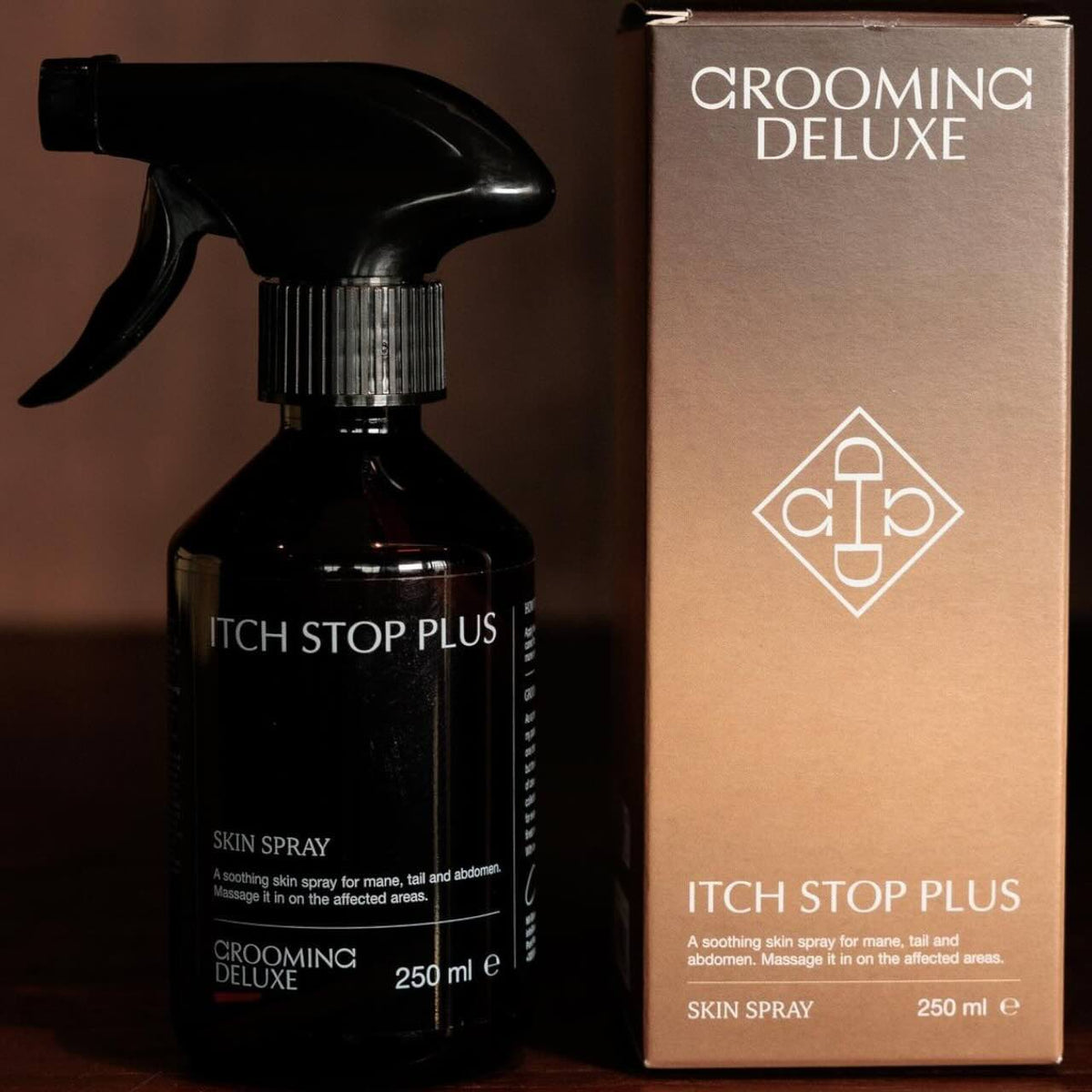 Grooming Deluxe Hautspray Itch Stop Plus Anti-Juckreiz, 250 ml, Produkt mit Verpackung.