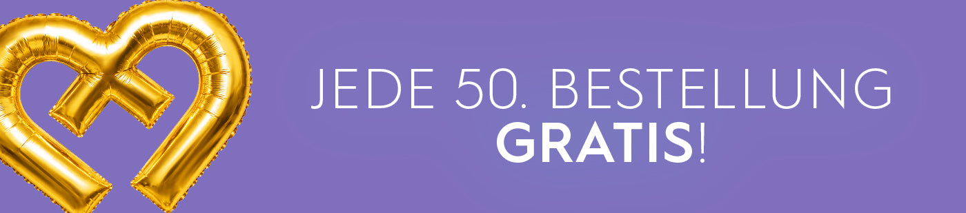 Herzförmiger goldener Ballon mit Text „JEDE 50. BESTELLUNG GRATIS!".