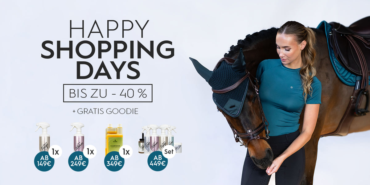 Happy Shopping Days Banner mit Reiterin und Pferd, bis zu 40 % Rabatt und gratis Goodie.