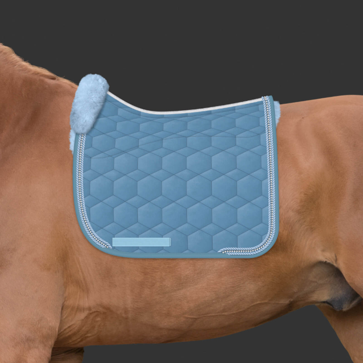 Mattes Schabracke Dressur Konfiguration Steppstoff Neu Cornet Blue Dressurschabracke, Cornet Blue, am Pferd.