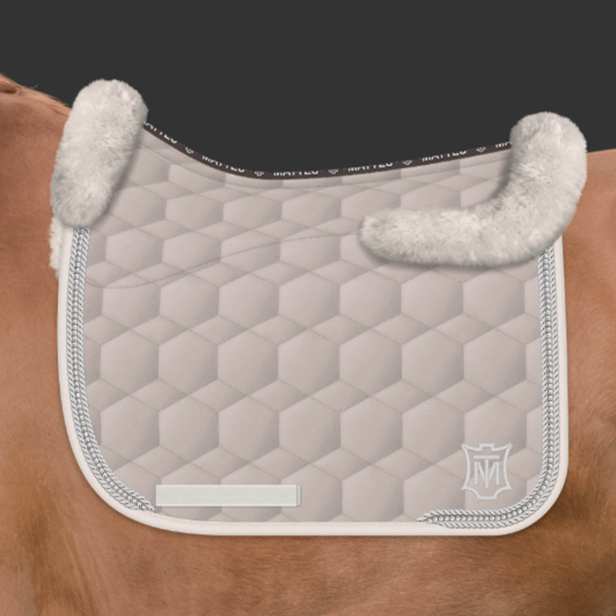 Mattes Schabracke Dressur Konfiguration Steppstoff Glänzend Beige Dressurschabracke, Detailaufnahme am Pferd.