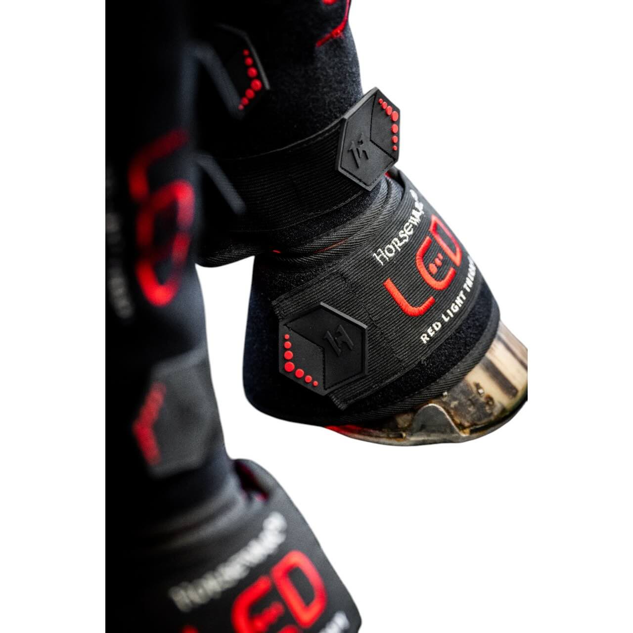 Horseware Ireland Minigamasche für LED-Rotlicht-Therapie Gamasche, Schwarz, Detailaufnahme an Pferdebeinen.