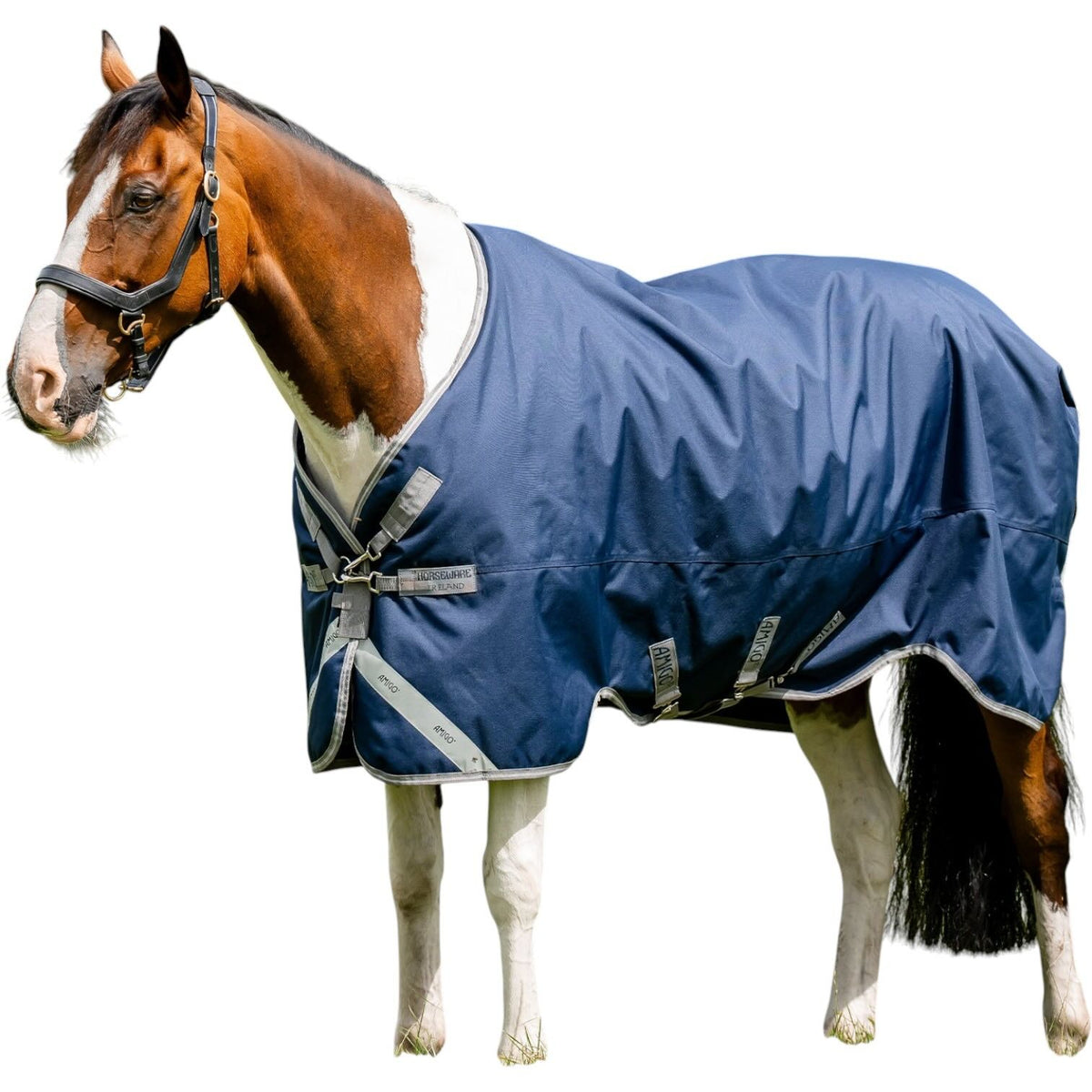 Horseware Ireland Outdoordecke 50g + 100g + 200g Liner Amigo® Bravo 12 Bundle Weidedecke, Navy/Titanium Grey & Silver, Pferd trägt Decke.
