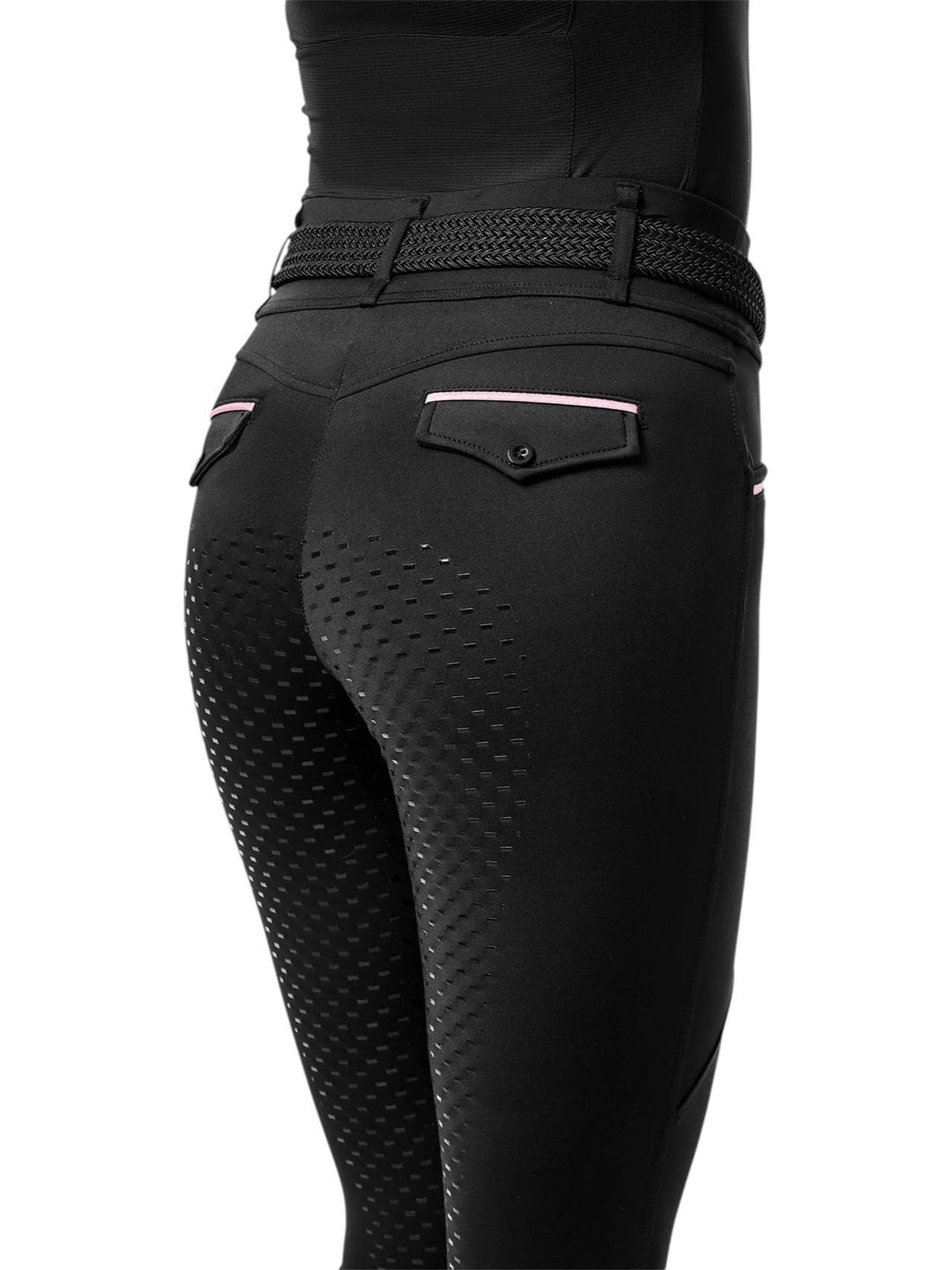 Reitleggings Damen Full-Grip Premium Black Pink Glimmer Vollbesatz