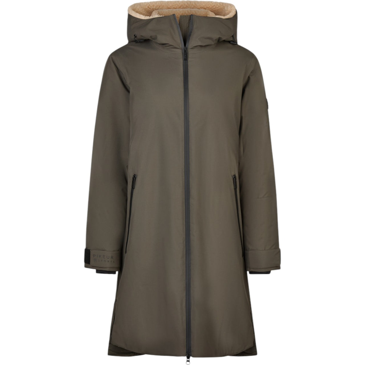Pikeur Regenmantel Damen Sports HW 2025 Mantel, Deep Khaki, Produkt allein auf weißem Hintergrund.