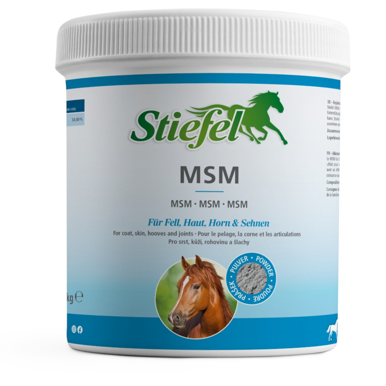 Stiefel MSM-Pulver, Produkt allein auf weißem Hintergrund.