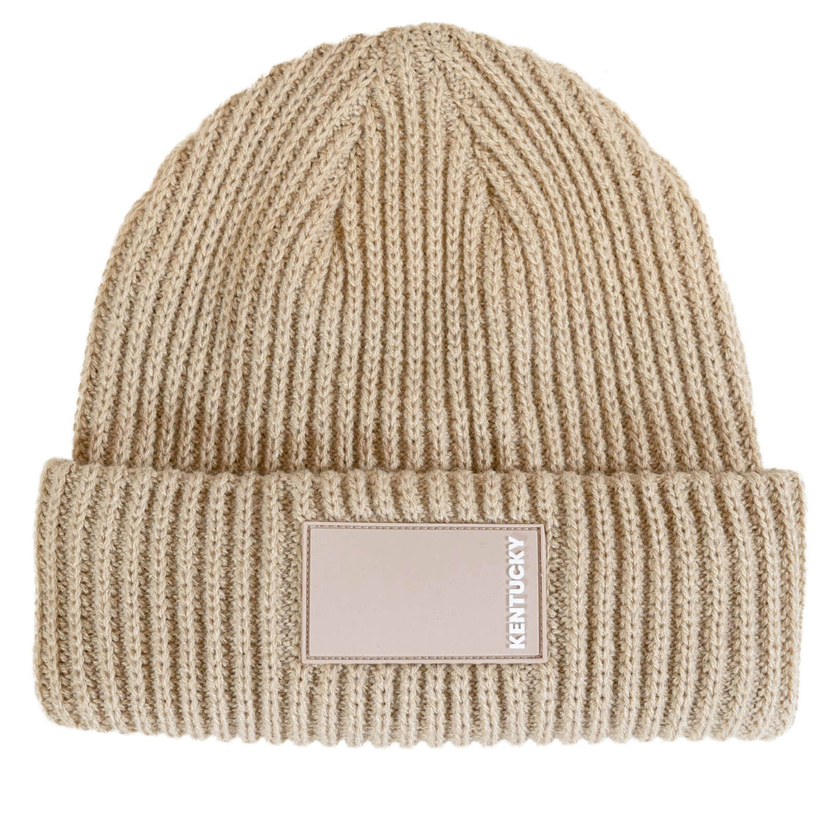 Mütze Unisex Beanie mit gummiertem Logo, Beige, Produkt allein mit Logo-Patch auf weißem Hintergrund.