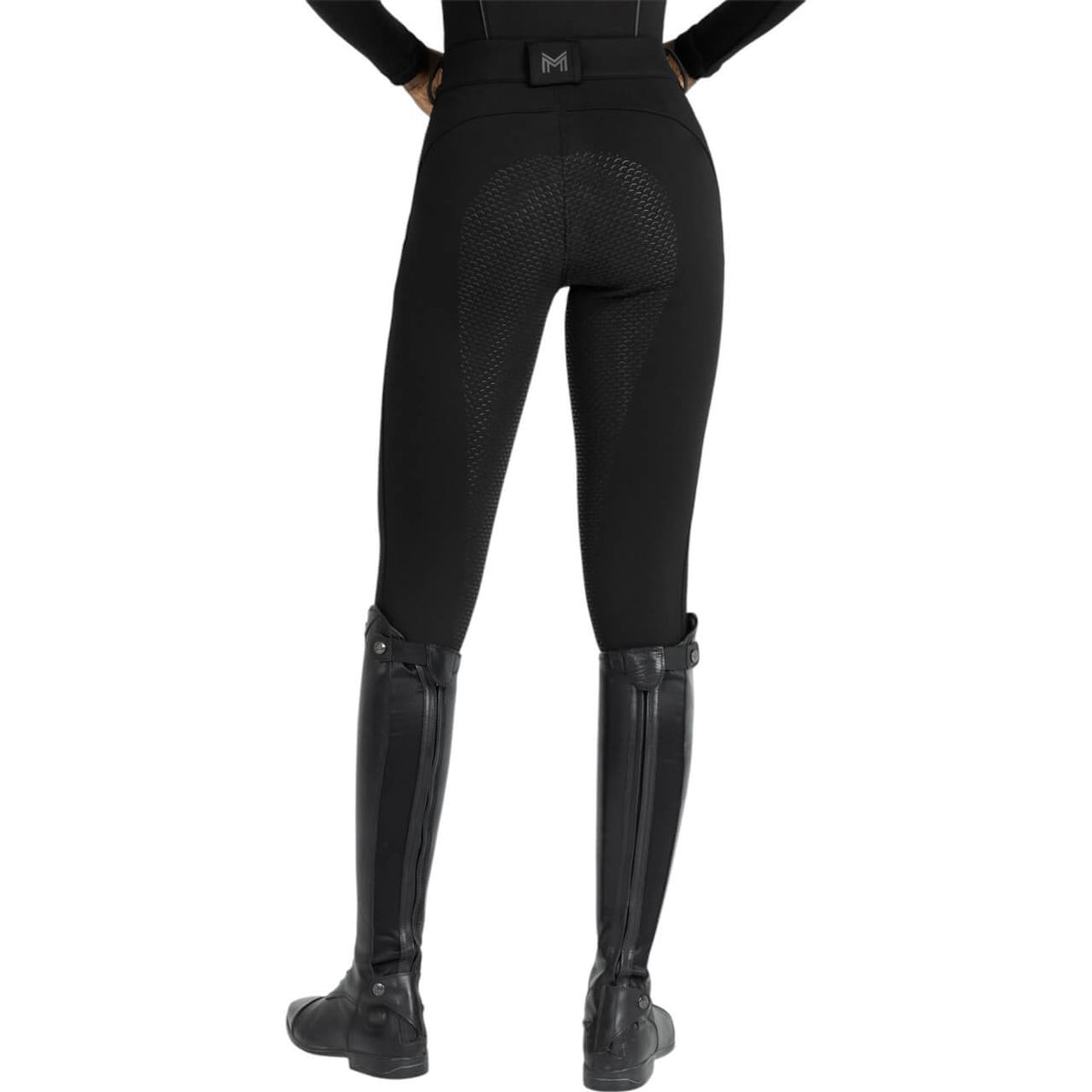 Maximilian Equestrian Reithose Damen Full-Grip Arctic Fleeced Breeches, Schwarz, getragen von einer Person.