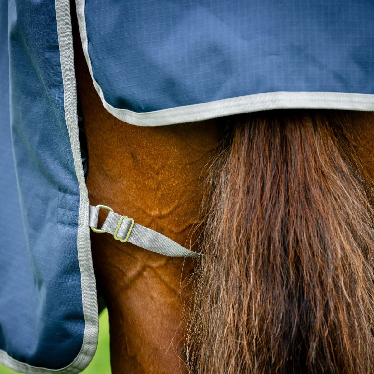 Weidedecke 100g Amigo Ripstop 900D Turnout Decke, Midsummer Blue, Detailaufnahme am Pferd.