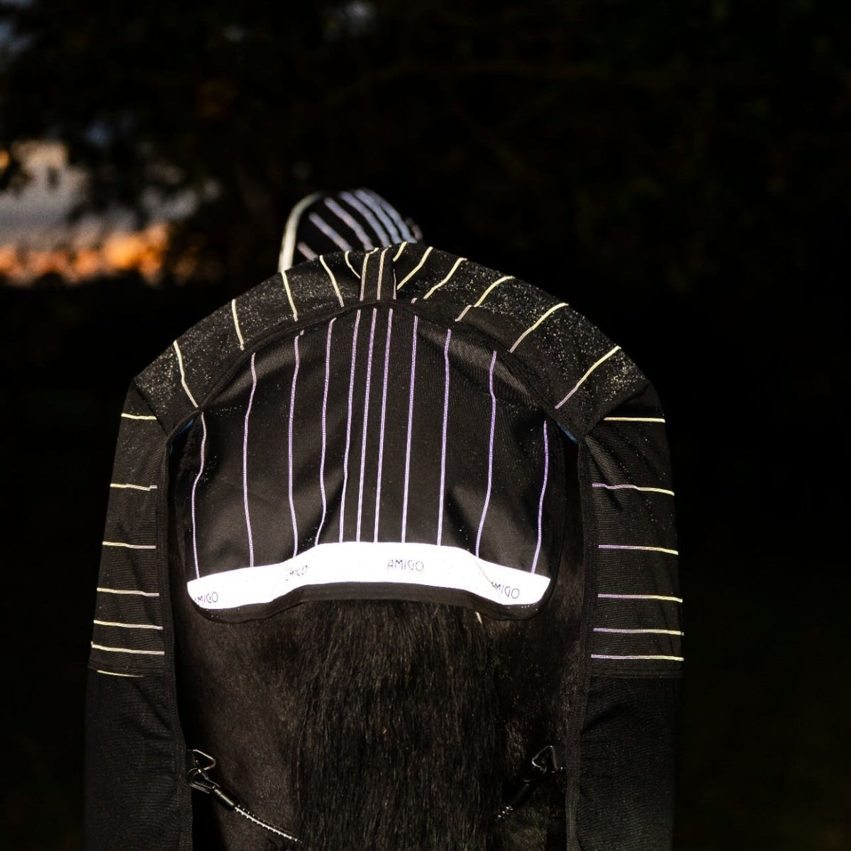 Horseware Ireland Weidedecke Amigo 0g 1200D Field Safe Reflectech Plus Turnout Decke, Schwarz, Pferd trägt die Decke im Dunkeln.