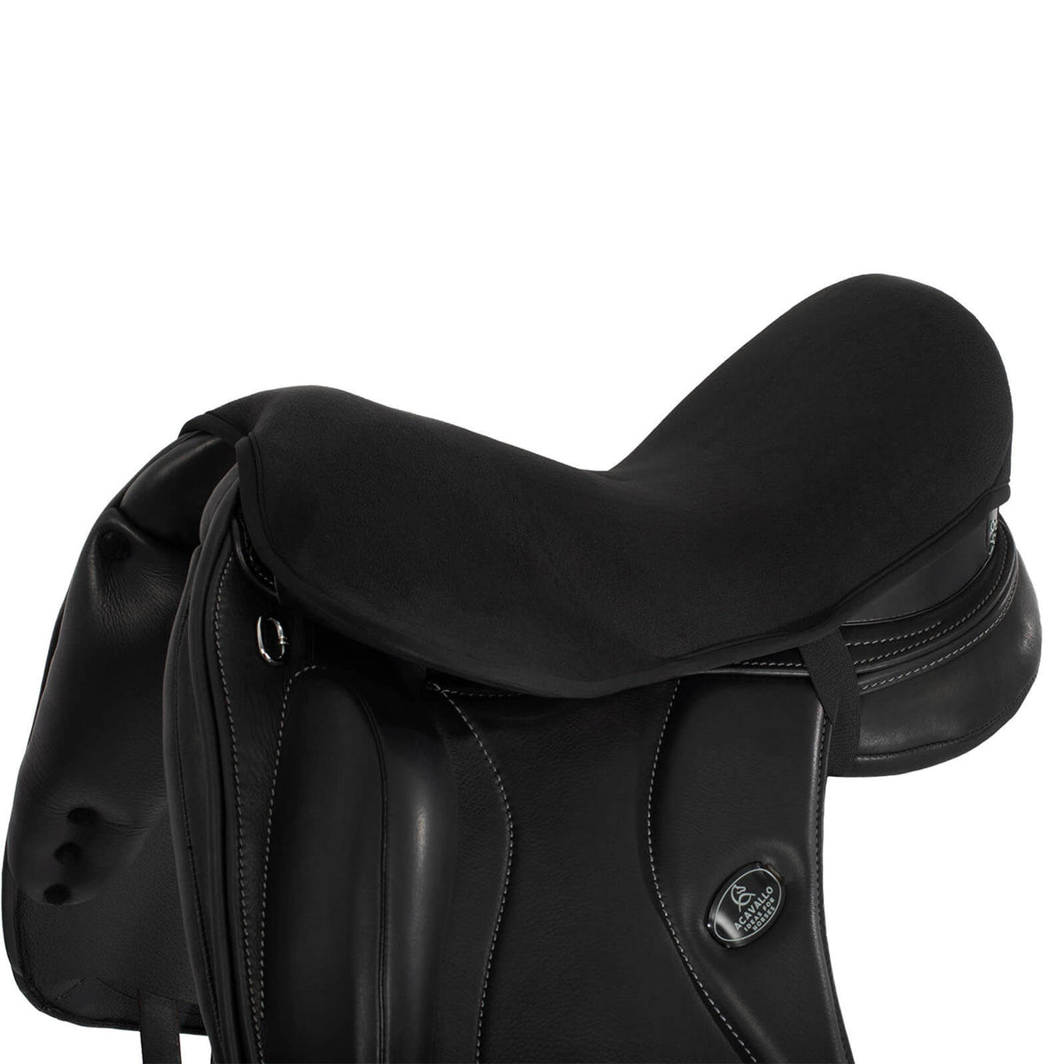 Acavallo Gel-Sattelsitzkissen Dri-Lex 10mm Dressage, Schwarz, Produkt allein auf einem Sattel.