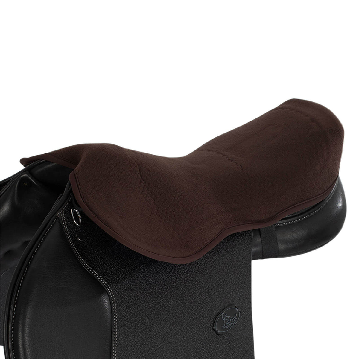 Acavallo Gel- Sattelsitzkissen Dri- Lex 10mm Jump, Braun, Detailaufnahme auf einem Sattel.