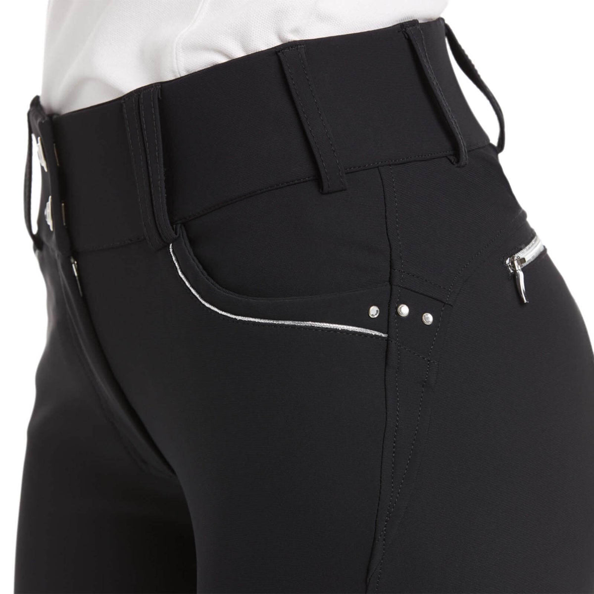 Ariat Reithose Damen Tri Factor X Full Grip Vollbesatz Damenreithose, Schwarz, Detailaufnahme am Bund.