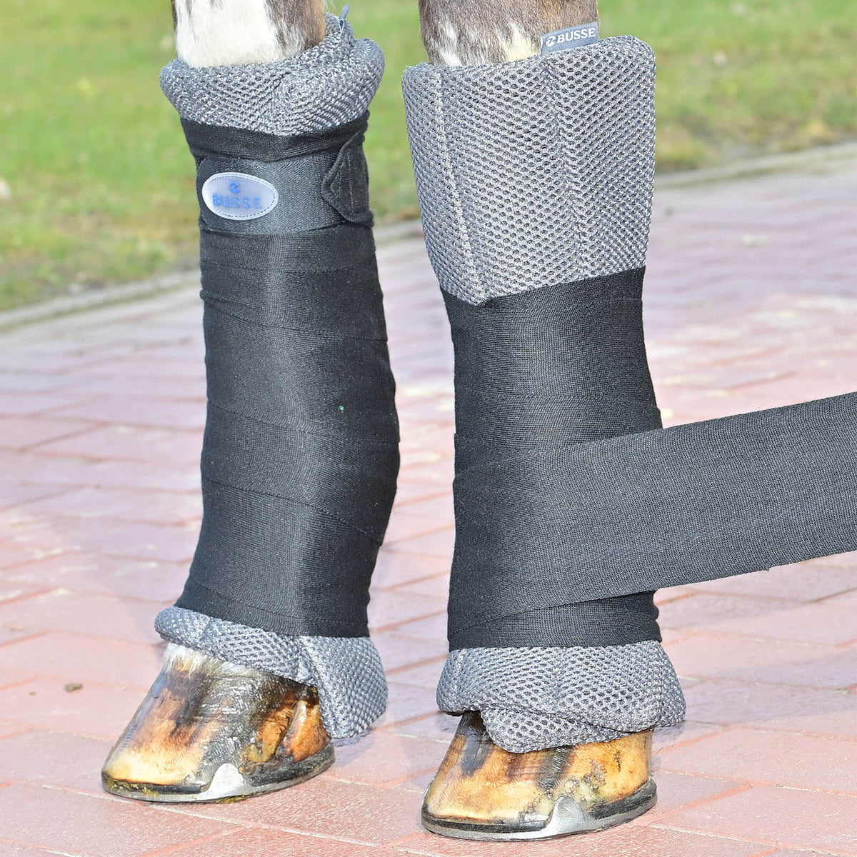 BUSSE Bandagierpad 3D Air Effect, Grau, am Pferdebein mit Stallbandage.