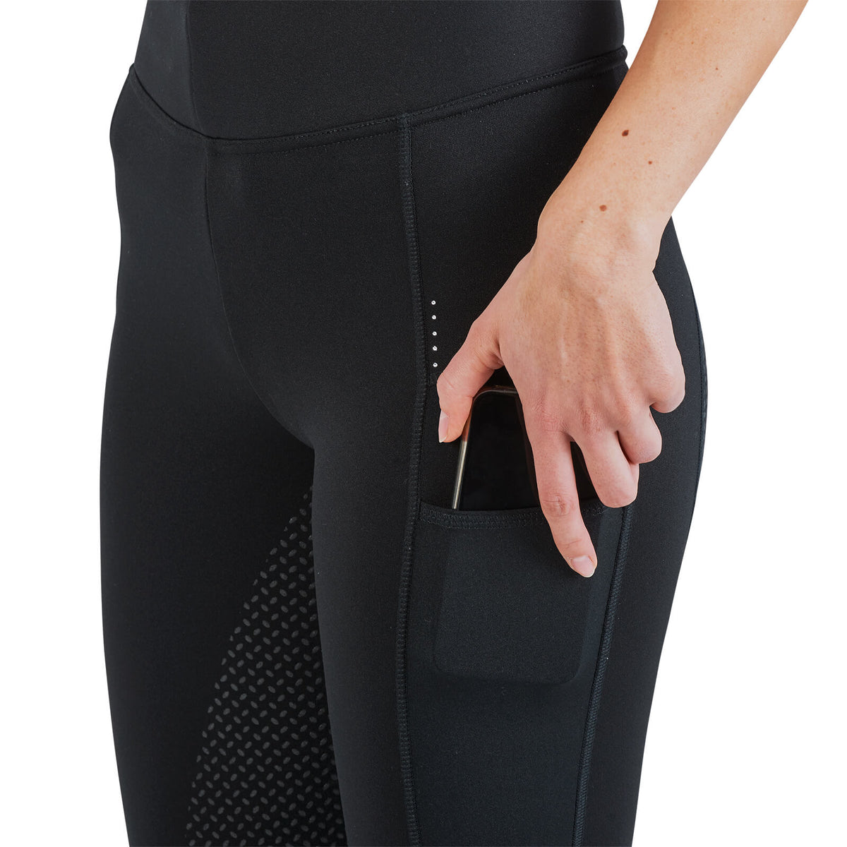 Reitleggings Damen Full-Grip Nurmes-Winter II, Schwarz, Detailaufnahme mit Smartphone-Tasche.