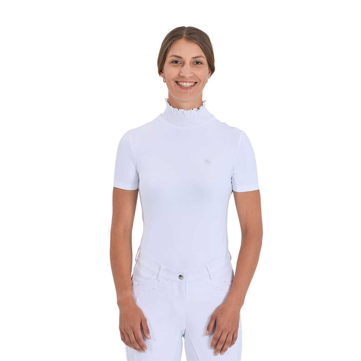 BUSSE Turnier-Shirt Damen Sileda, Weiß, Reiterin trägt das Shirt.