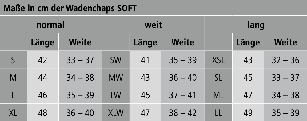 Wadenchaps Soft Kurzchaps, Größenübersicht mit Maßen und Weiten.