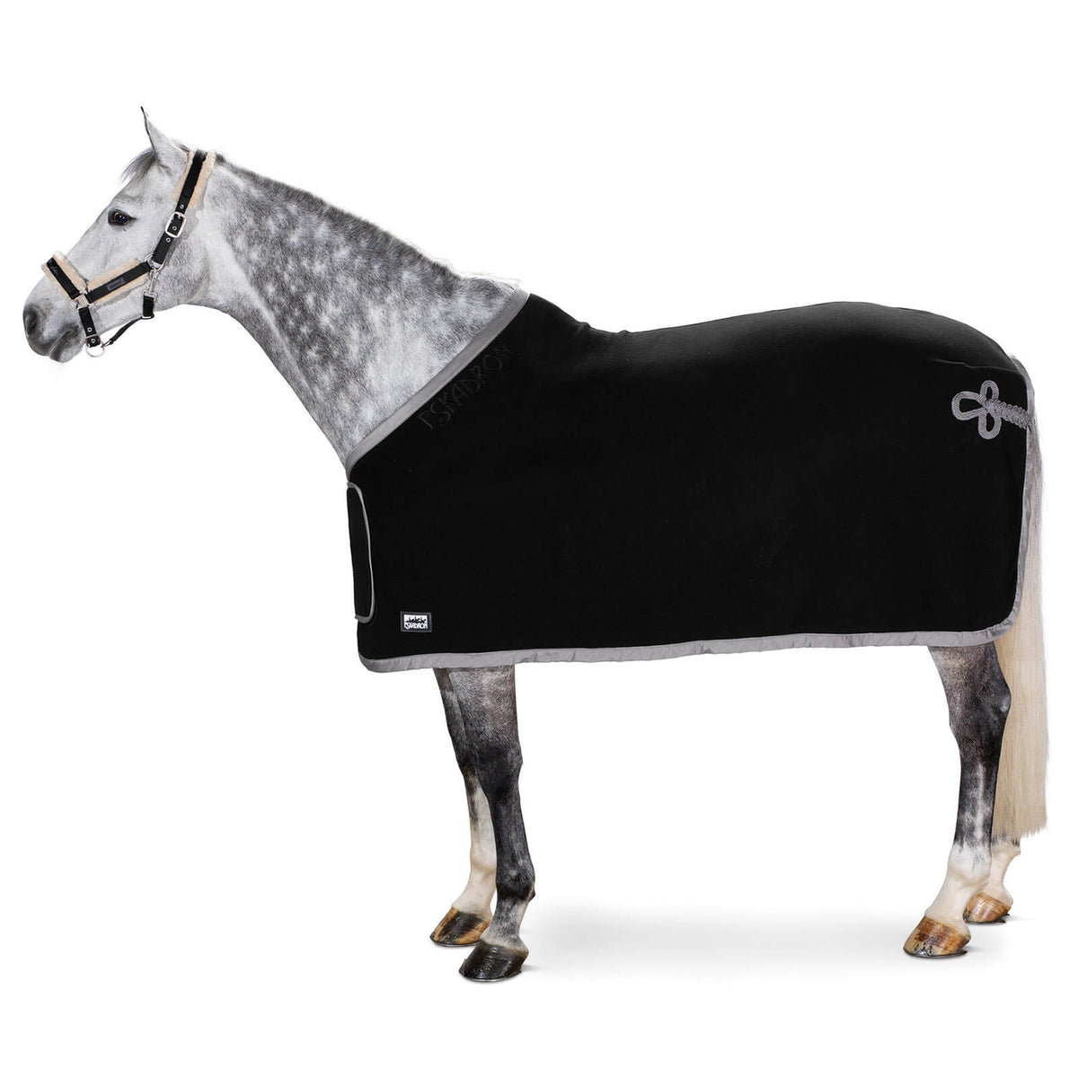 Abschwitzdecke Fleece Show Basics, Black, Pferd trägt die Decke seitlich im Profil.