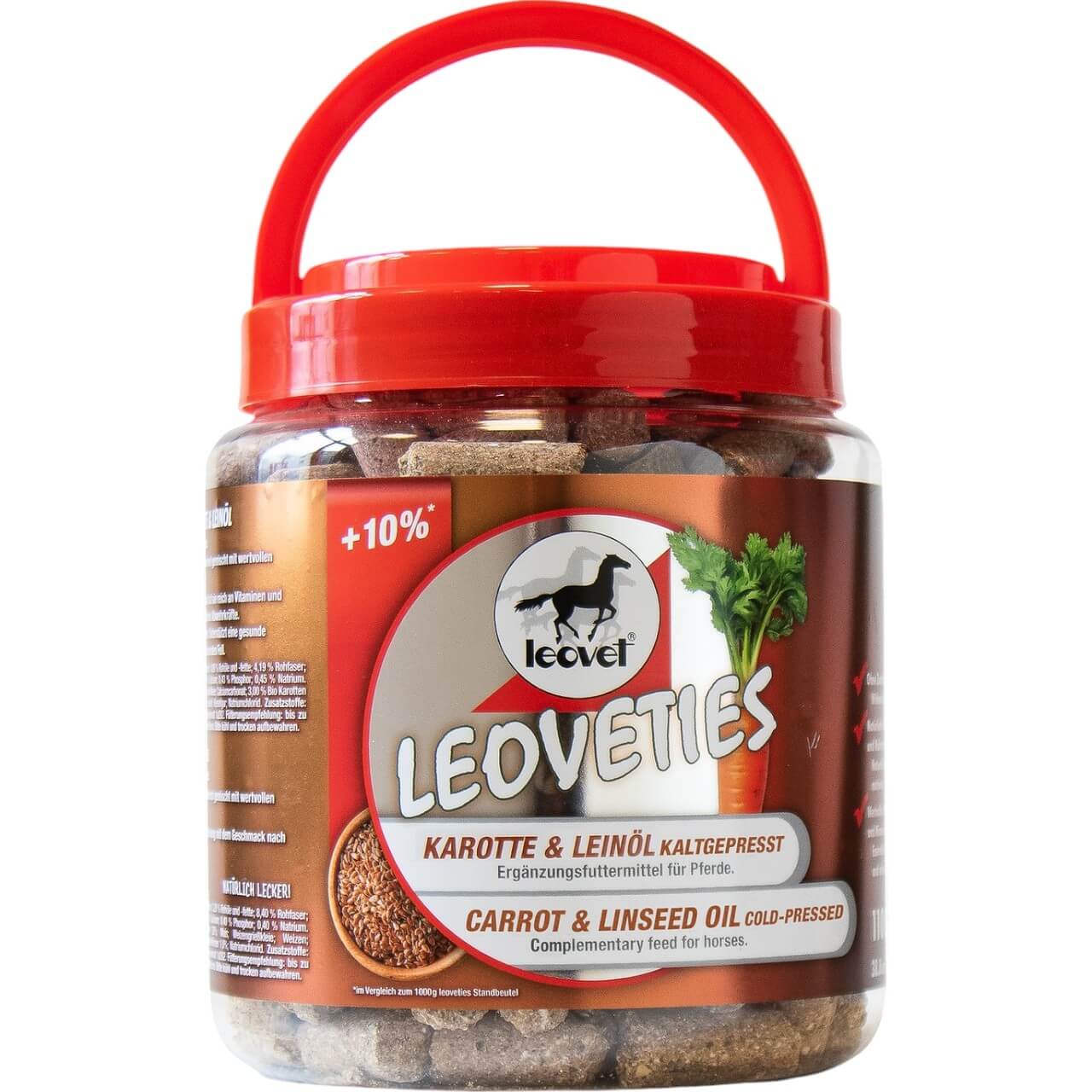 Leovet Leckerlies Karotte Leinsamen Ergänzungsfuttermittel Leoveties, 1100 g, Produkt allein im Becher.