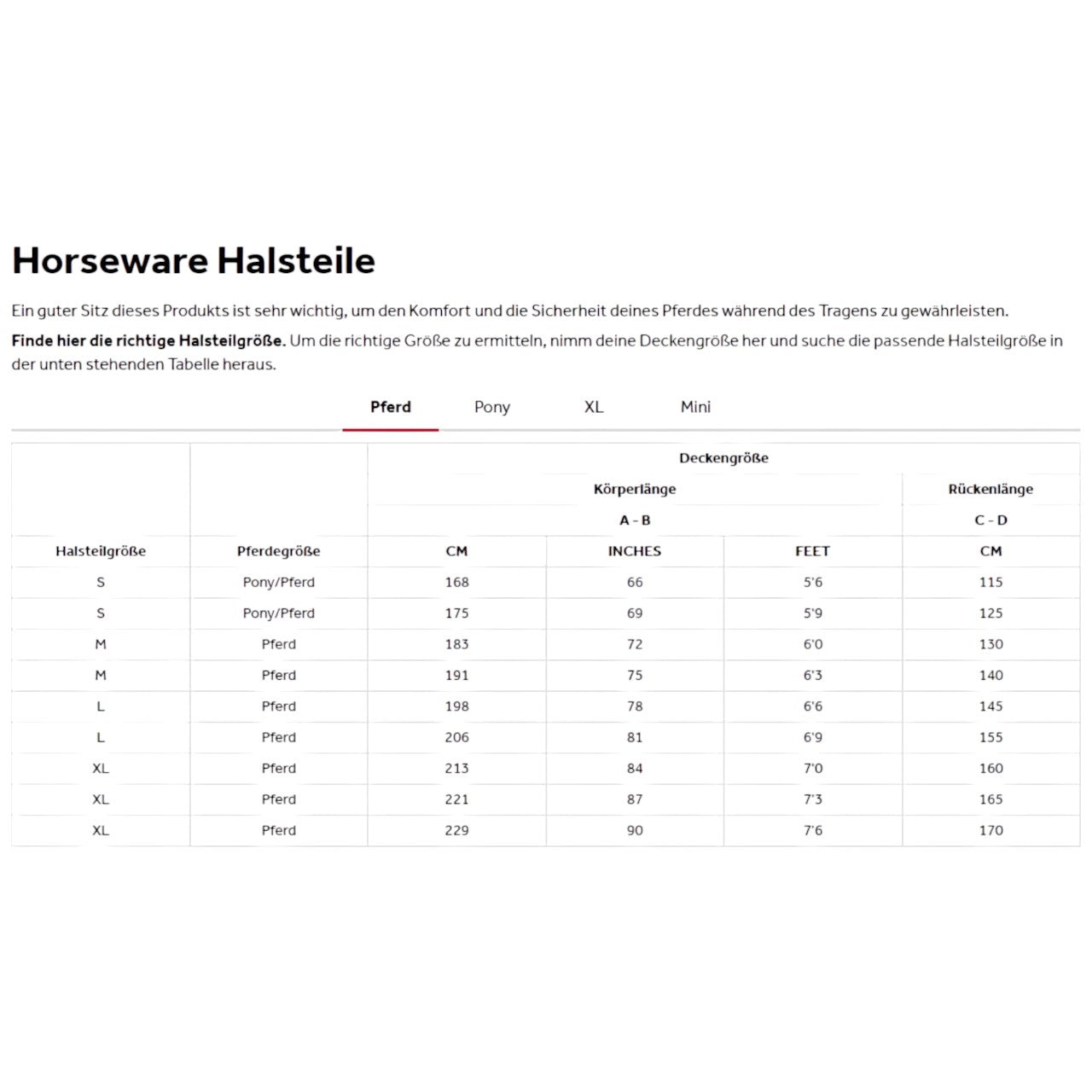 Horseware Ireland Halsteil Fliegendecke Amigo Bug Rug, Größentabelle für Pferde und Ponys als Detailansicht.