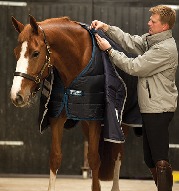 Horseware Ireland Unterdecke 200g Liner, dunkelblau, Reiter legt die Unterdecke am Pferd an.