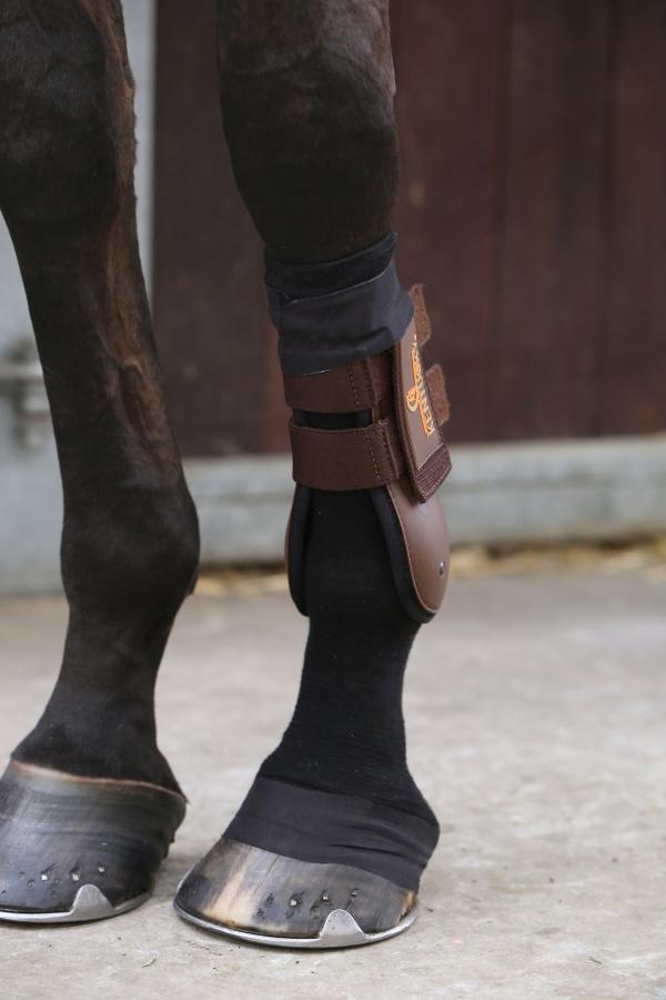 Kentucky Horsewear Bandagenstrumpf Tendon Grip, braun, am Pferdebein getragen.