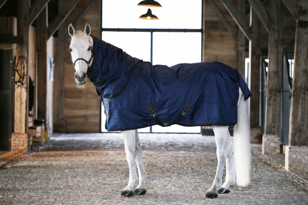 Kentucky Horsewear Outdoordecke 300g All Weather Waterproof Pro Weidedecke, Pferd trägt sie in der Stallgasse.