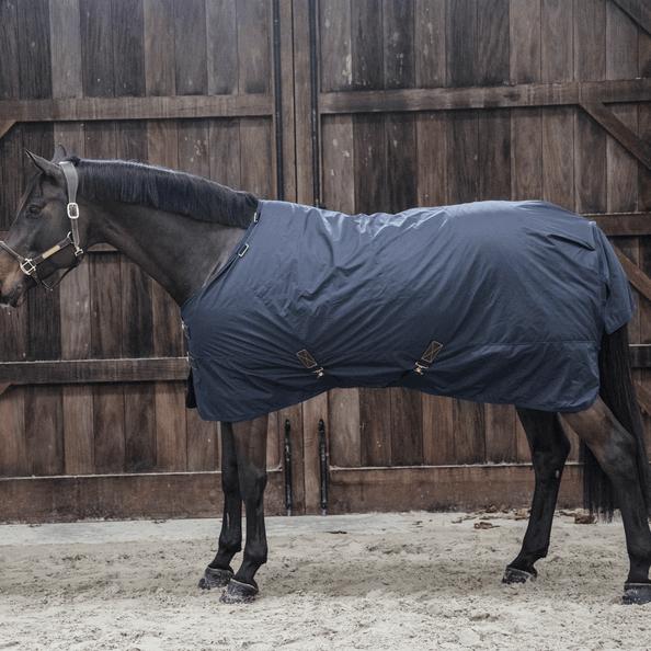 Kentucky Horsewear Outdoordecke 0g All Weather Hurricane Regendecke, Navy, Pferd trägt die Decke vor Holztor.