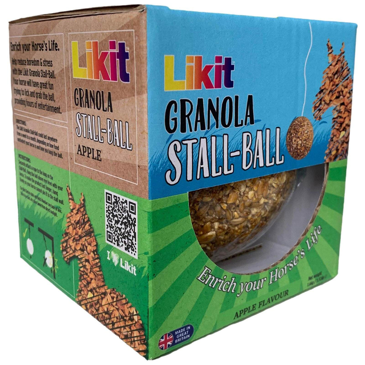 Likit Müslikugel Granola Stall-Ball, Apfel, Produkt allein auf der Verpackung mit Sichtfenster.