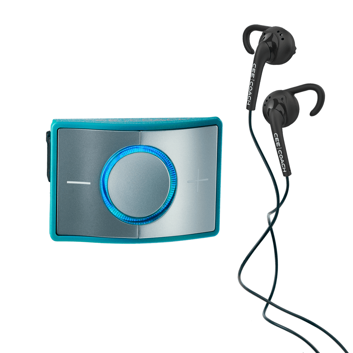 CEECOACH 2 Single Set Kommunikationssystem Reittraining, Turquoise, Produkt mit Ohrhörern auf schwarzem Hintergrund.